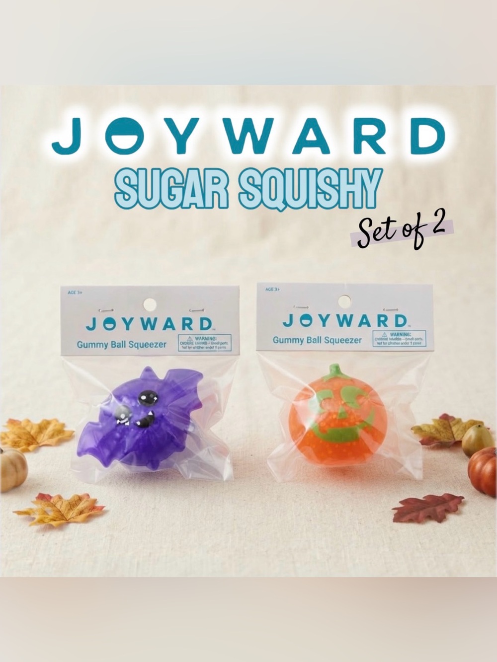 Joyward Halloween Gummy Ball Squeezer Lot of 2 Purple Bat & Orange Pumpkin NIP